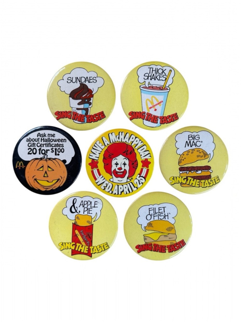 Vintage McDonald’s Pin Back Buttons 80’s Collectable Set of 7 Large 3.5”